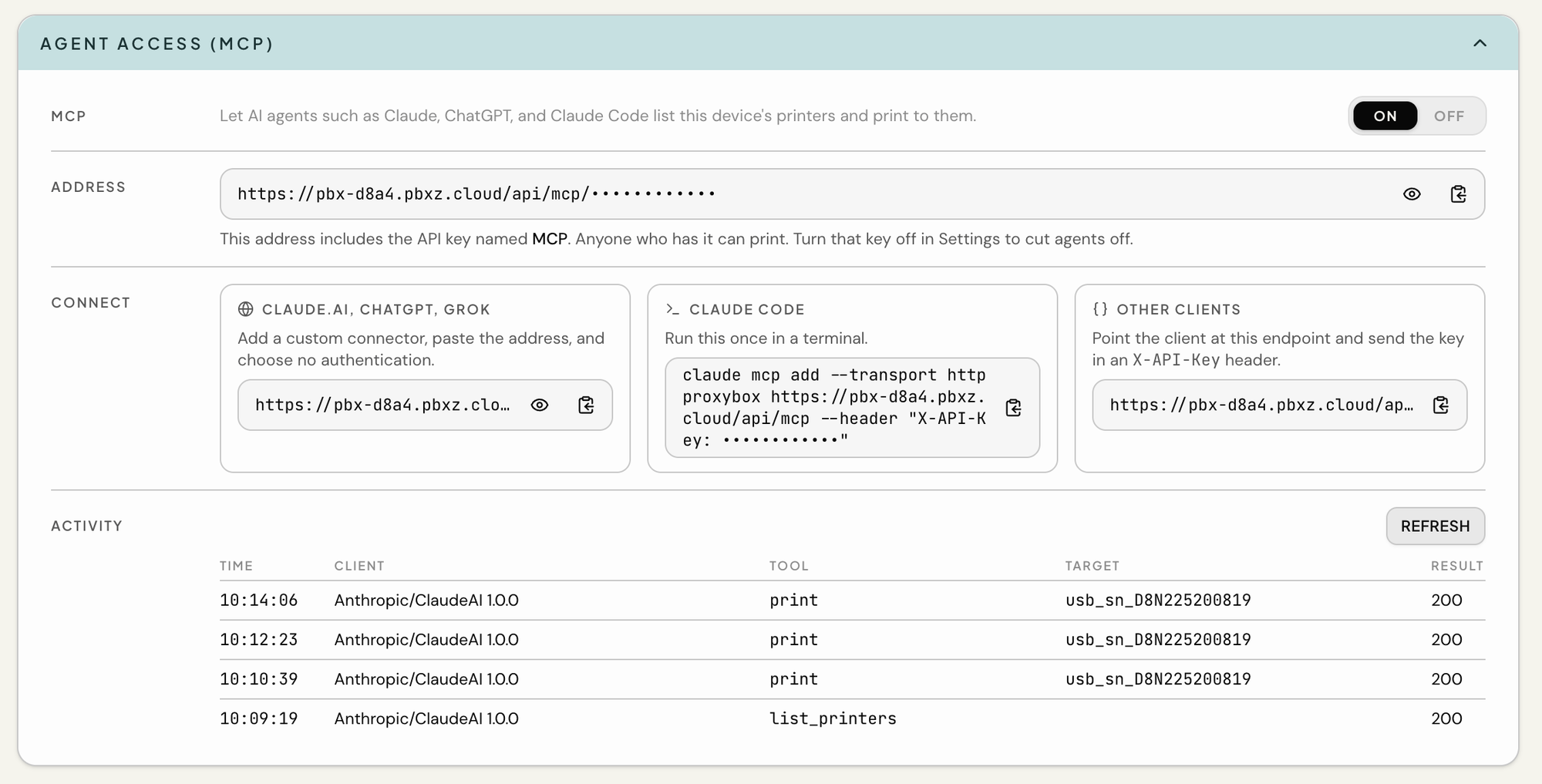 The Agent Access (MCP) panel in the ProxyBox dashboard, showing the MCP address, connection instructions for Claude.ai, ChatGPT, and Claude Code, and a recent activity log of list_printers and print tool calls